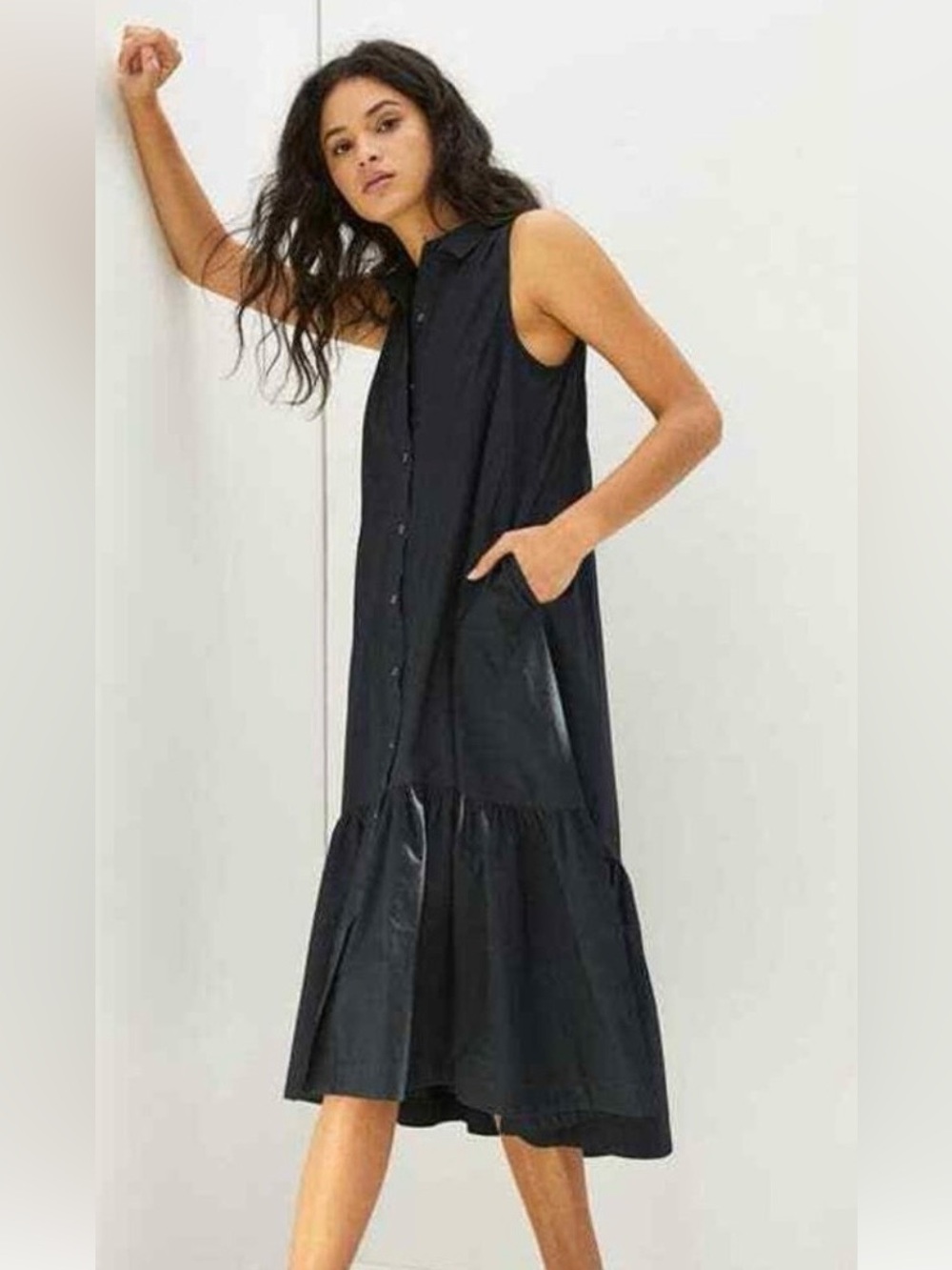 Maeve at Anthropologie Paola Flounced Sleeveless Button Down Midi Dress